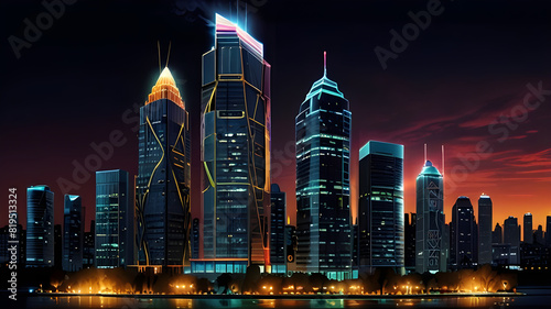 Glossy and artistic neon light effect urban landscapes of modern towering cities and Skyscrapers or Artistic textures and futuristic townscapes ai generative #819513324