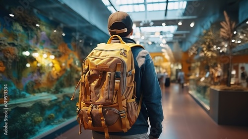 Hipster yellow backpack and map closeup. View from front tourist traveler bag on background blue sea aquarium. Person hiker visiting ocean museum in generate AI