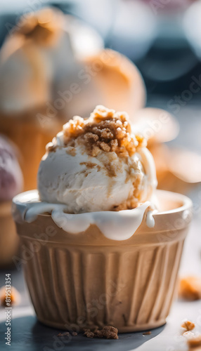 Close-up of a scoop of vanilla ice cream with caramel drizzle and crumbled toppings in a waffle bowl, with blurred background. Ice Cream Month.