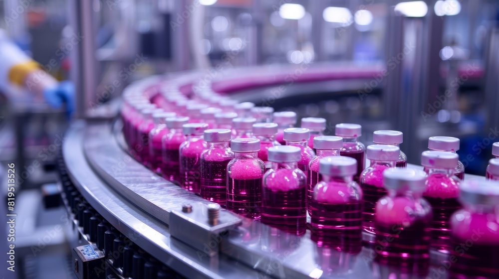 Assembly line with bottles of pink liquid on conveyor belt in pharmaceutical factory, focus on production and automation in modern industry. Assembly line with bottles of pink liquid on conveyor belt in pharmaceutical factory, focus on production and automation in modern industry.