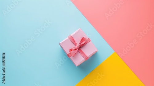 Small pink gift box lie on texture background of fashion pastel blue, yellow and pink colors paper in minimal concept.