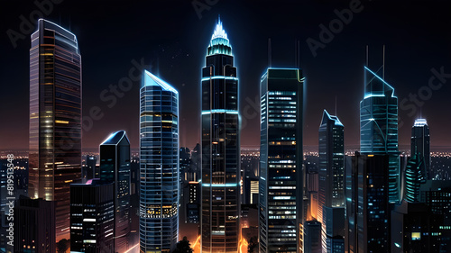 Glossy and artistic neon light effect urban landscapes of modern towering cities and Skyscrapers or Artistic textures and futuristic townscapes ai generative #819513548