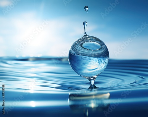 water drop with the earth inside of it, in the style of light sky blue and navy,