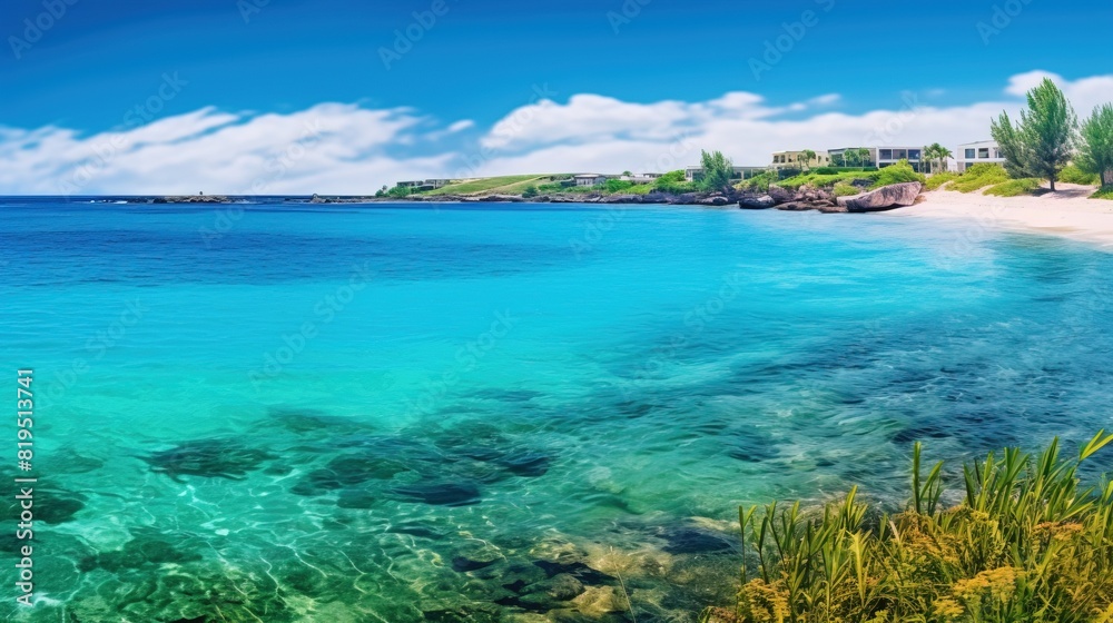 Fototapeta premium Vibrant beach scene with blooming flowers and fresh grass. Stunning beach landscape featuring flowers and greenery.
