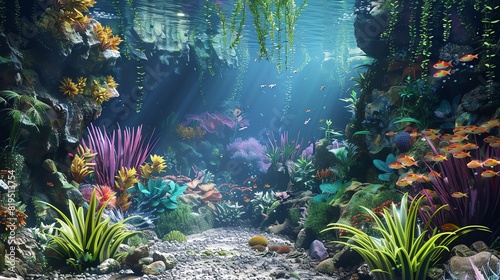 A fish tank with a magical underwater cave theme  3D render  detailed cave structures  vibrant plants