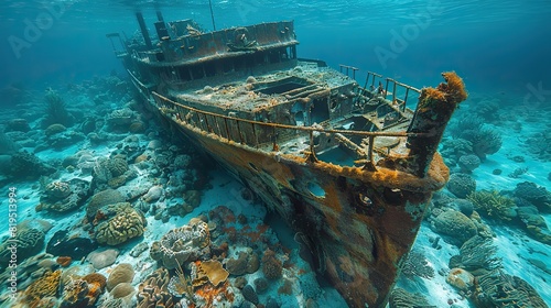 The fragmented remains of a ship, scattered across a coral reef..illustration