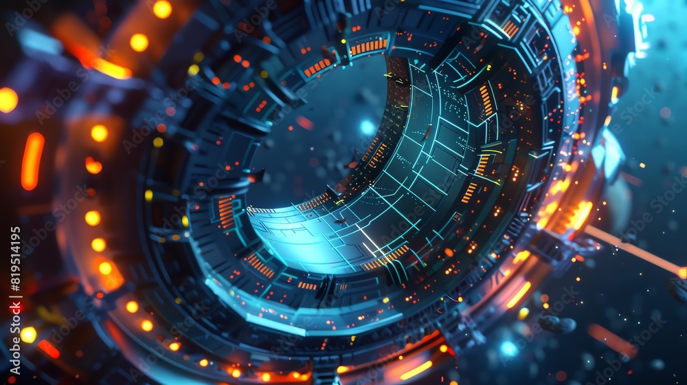 Fototapeta premium A hamster wheel with a space theme, 3D render, glowing elements, detailed spacecraft design