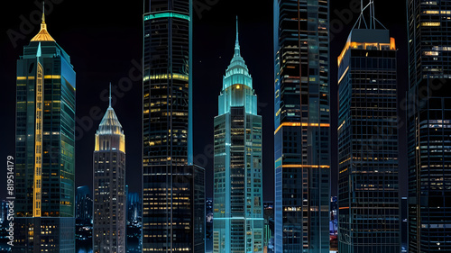 Glossy and artistic neon light effect urban landscapes of modern towering cities and Skyscrapers or Artistic textures and futuristic townscapes ai generative #819514179