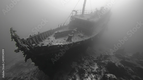 A shipwreck with its mast still standing, rising above the waterline..illustration graphic photo