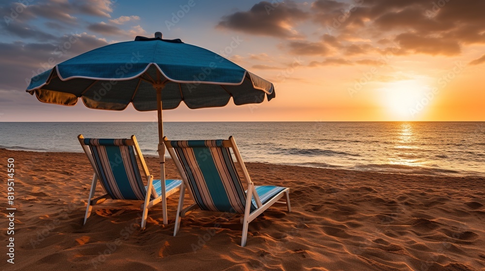 Serene beach scene with two lounge chairs and an umbrella at sunset, perfect for unwinding. Sunset view on the beach with two lounge chairs and an umbrella, ideal for a peaceful evening by the sea. Serene beach scene with two lounge chairs and an umbrella at sunset, perfect for unwinding. Sunset view on the beach with two lounge chairs and an umbrella, ideal for a peaceful evening by the sea.