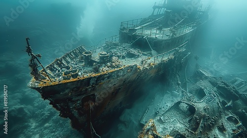 A large freighter, broken in half and lying on the ocean floor..illustration graphic photo