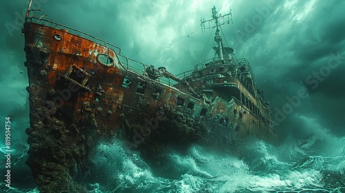 A rusted, abandoned ship, stuck on a reef and surrounded by crashing waves..illustration