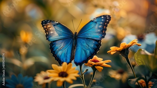 A vibrant blue butterfly resting on a flower showcases the beauty of nature. © Kasorn