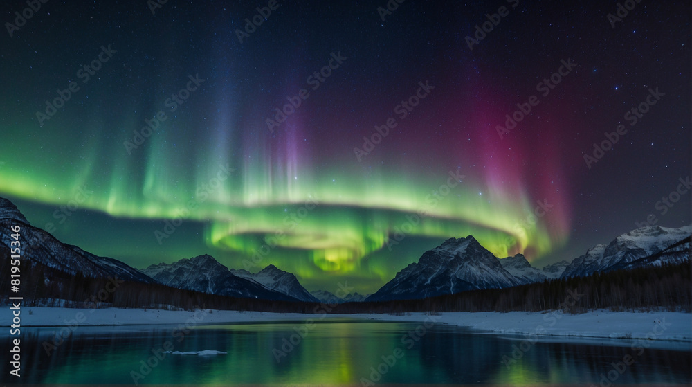 Stunning Northern Lights Over Snowy Mountain Landscape, Vivid aurora borealis illuminates the night sky over serene snowy mountains and a reflective lake, creating a breathtaking natural spectacle.

