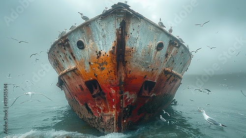 A sunken ship, with its bow sticking out of the water.illustration graphic
