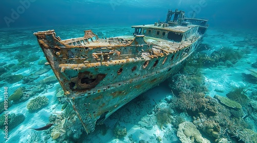 The skeletal structure of a ship, surrounded by crystal clear water and marine life..illustration graphic photo