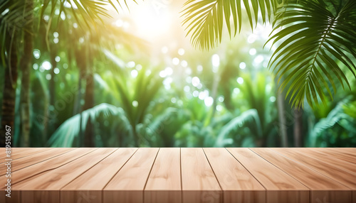 Rustic Wooden Table  Lush Green Jungle Leaves in Background