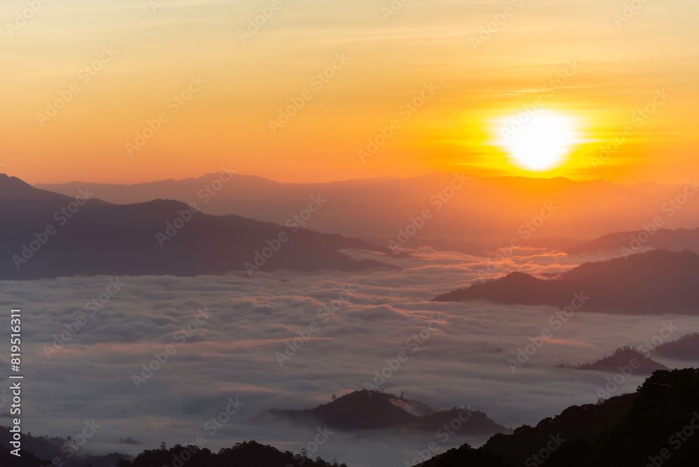 Naklejka premium Mountain valley during sunrise. Natural summer landscape