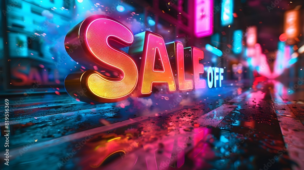 Vibrant Neon Sale Promotion Signage in Lively City Street at Night Vibrant Neon Sale Promotion Signage in Lively City Street at Night