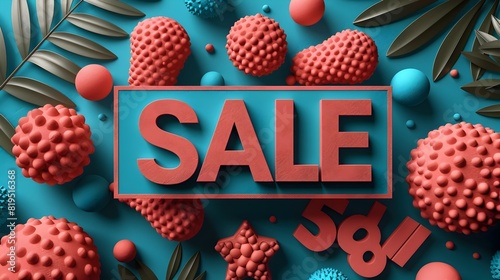 Sale Promotion Discount Tag with Vibrant Colored Spheres and Leaves Background photo