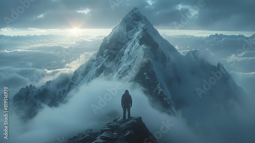 A solitary climber stands on a rocky ledge, gazing at a towering mountain peak shrouded in clouds, with the sun rising in the background.
