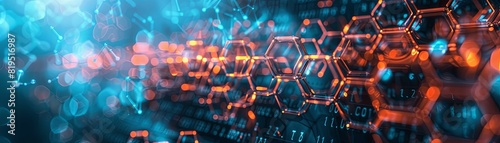 Abstract image of interconnected molecular structures illuminated by neon blue and orange lights, symbolizing advanced science and technology. photo
