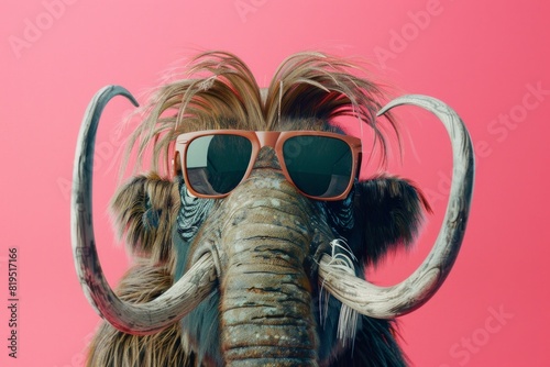 Mammoth with long hair and sunglasses on pink background photo