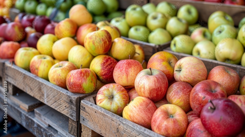 Fresh apples of various colors and varieties neatly arranged in wooden crates at a farmers market, showcasing organic and locally grown produce. Fresh apples of various colors and varieties neatly arranged in wooden crates at a farmers market, showcasing organic and locally grown produce.