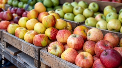 Fresh apples of various colors and varieties neatly arranged in wooden crates at a farmers market  showcasing organic and locally grown produce.
