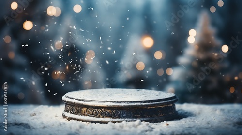 podium background made of ice, in a winter wonderland with falling snow and evergreen trees, atmosphere of magic and wonder,