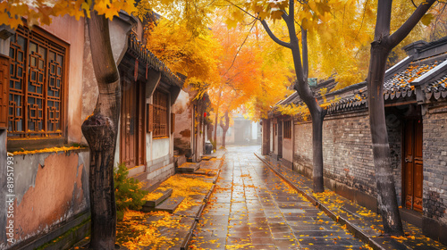 narrow street with cobblestone pavement and colorful autumn leaves on the ground, AI Generative