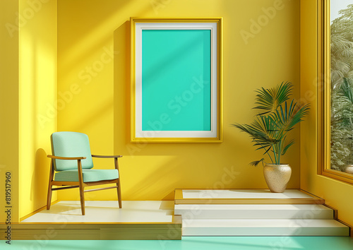 Yellow Sunlit Room with Blue Framed Canvas, Green Chair, and Potted Plant