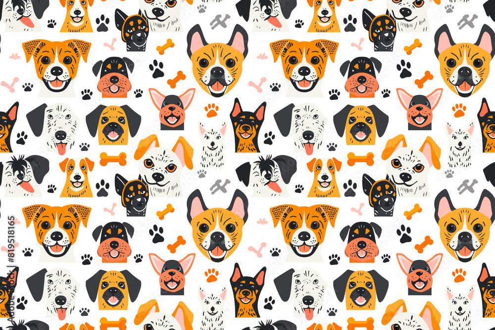Cute dog pattern with various dog faces and paw prints on a white background creating a seamless, playful design perfect for decoration and ornamental use Cute dog pattern with various dog faces and paw prints on a white background creating a seamless, playful design perfect for decoration and ornamental use