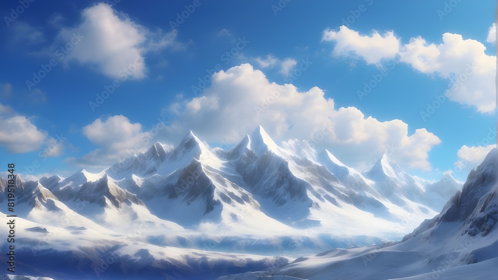 Obraz premium A breathtaking view of a snow-covered mountain range under a clear blue sky, captured in HD