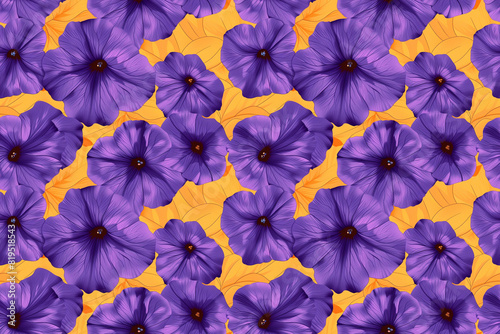 Seamless pattern of vivid purple flowers on a contrasting orange background creating a striking and colorful design for decoration and ornamental purposes