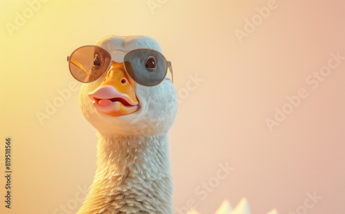 Close up portrait of a cute goose wearing sunglasses isolated on a pastel background © wanna