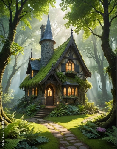 Gothic Fairy-Tale Cottage Nestled in an Ancient Lush Forest © BOJOShop