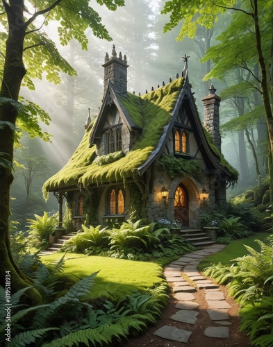 Gothic Fairy-Tale Cottage Nestled in an Ancient Lush Forest © BOJOShop