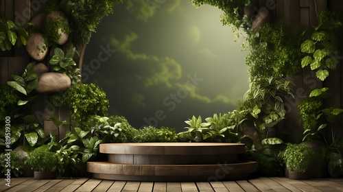 podium background made of recycled materials, in an eco-friendly venue with green plants and sustainable decor, feeling of environmental consciousness and innovation