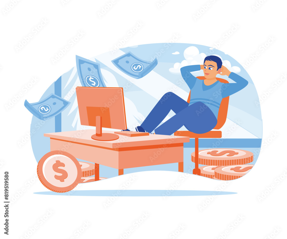 Passive income. Man working from home relaxing and earning money. Earning money concept. Flat vector illustration.