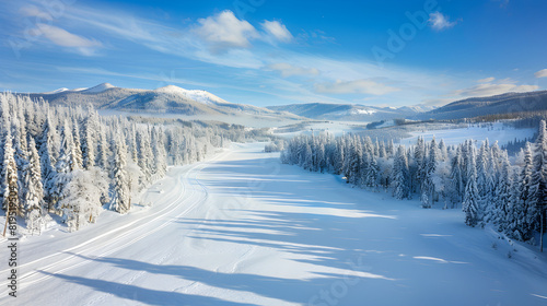 Captivating Winter Landscape with Groomed XC Skiing Trail Amidst Snow-Covered Pines And Mountain Range