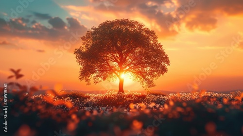 A beautiful sunset over a lonely tree in a field of flowers AIG51A. photo