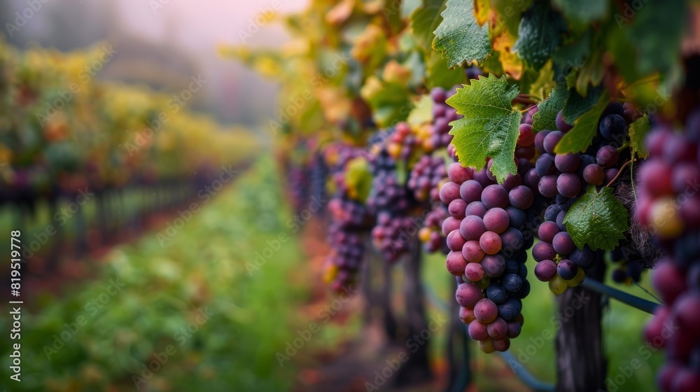 Lush grape vineyard with vibrant clusters of ripe grapes hanging from the vine, surrounded by greenery on a misty day.