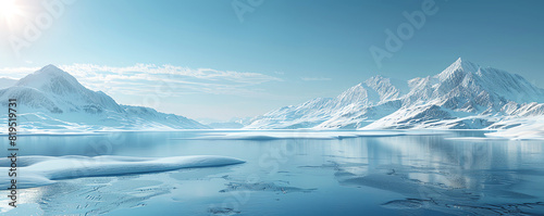 frozen lake view, snow hills, clear blue sky, peaceful winter, natural ice stage. hyper-realistic 3D © Pakkarada