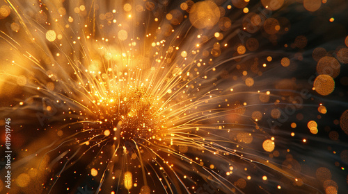 Abstract image of golden bokeh lights and sparks creating a festive and vibrant atmosphere. Suitable for celebrations and festive themes.