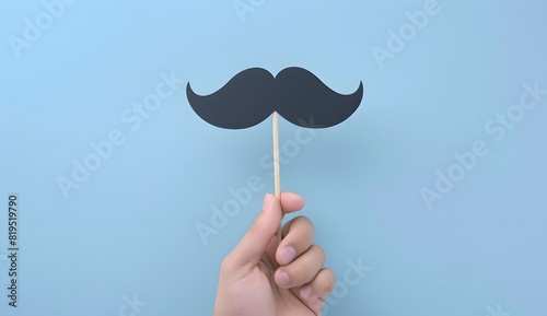 3D cartoon flat minimalistic illustration of hand holding black mustache on a stick against blue background, father day background, copy space