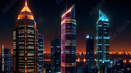 Glossy and artistic neon light effect urban landscapes of modern towering cities and Skyscrapers or Artistic textures and futuristic townscapes ai generative #819519915