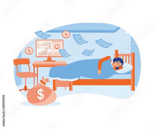 The woman is sleeping at home. Work as a freelancer and earn money online. Passive income concept. Flat vector illustration.