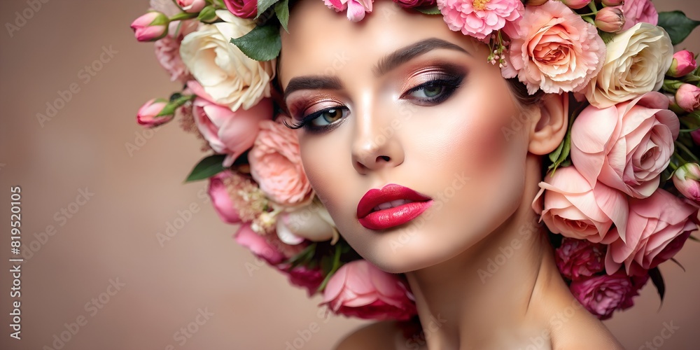 Elegant model with floral makeup and a gentle, romantic ambiance. For editorial and advertising content, especially in the luxury beauty and fashion sectors. light pink color trend 2024.
