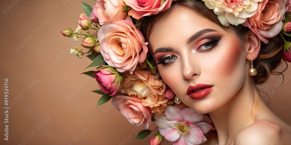 Elegant model with floral makeup and a gentle, romantic ambiance. For editorial and advertising content, especially in the luxury beauty and fashion sectors. light pink color trend 2024. Elegant model with floral makeup and a gentle, romantic ambiance. For editorial and advertising content, especially in the luxury beauty and fashion sectors. light pink color trend 2024.